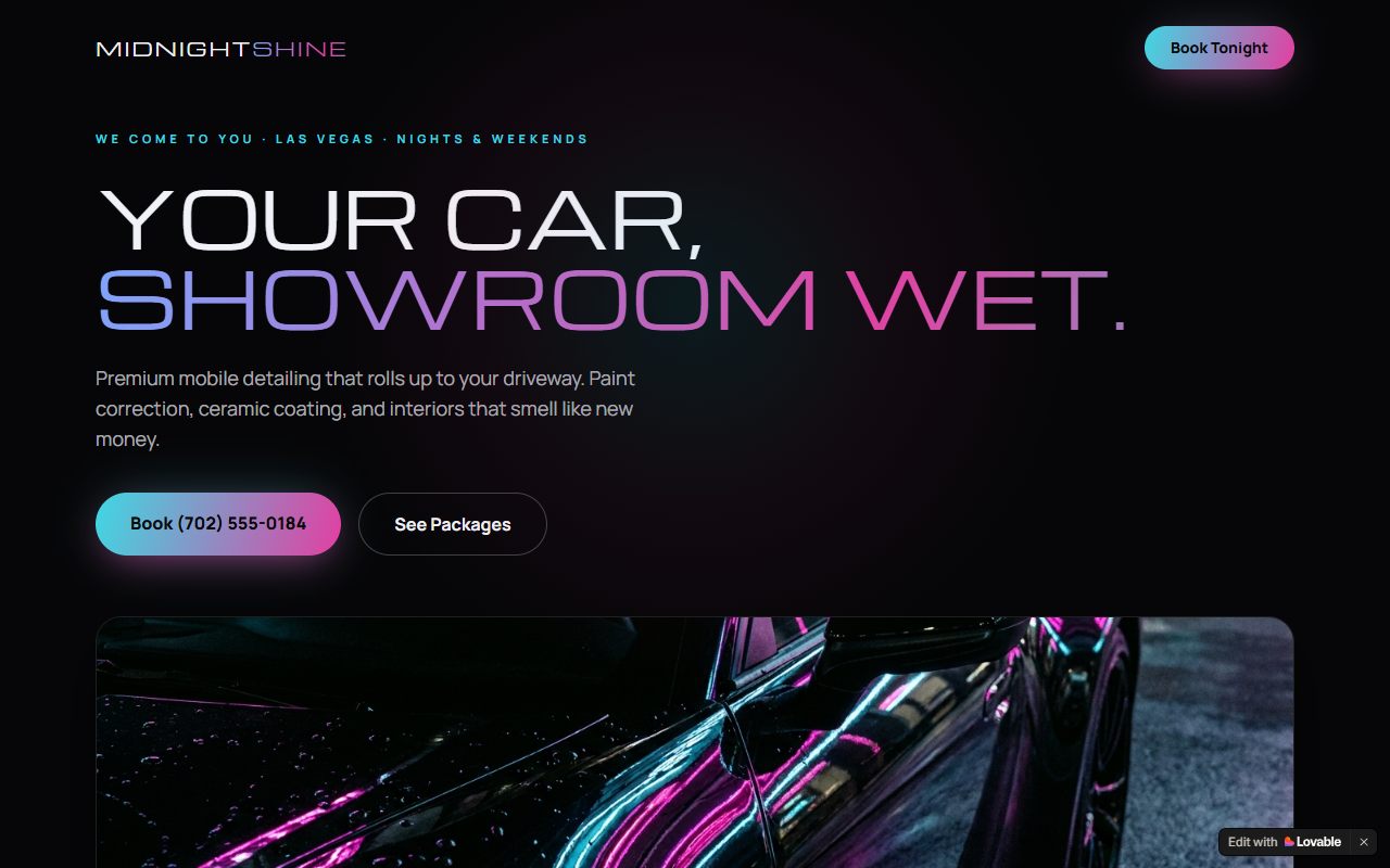 Midnight Shine Mobile Detailing website homepage preview