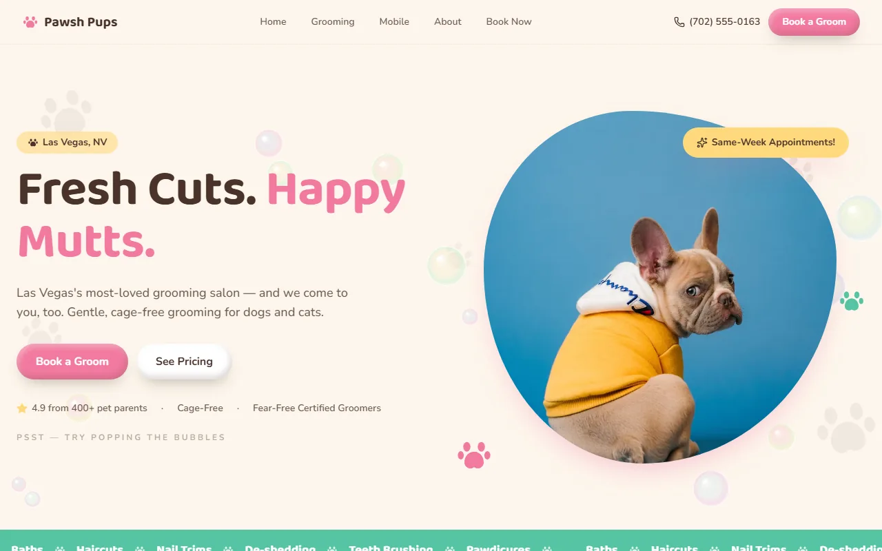 Pawsh Pups Grooming website homepage preview